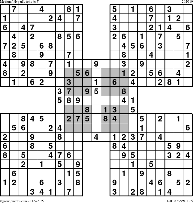 The grouppuzzles.com Medium HyperSudoku-by5 puzzle for Sunday November 9, 2025