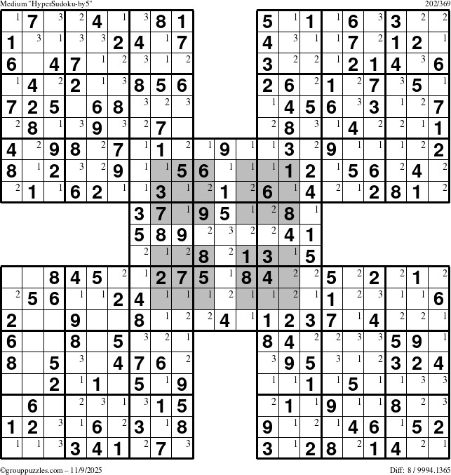 The grouppuzzles.com Medium HyperSudoku-by5 puzzle for Sunday November 9, 2025 with the first 3 steps marked