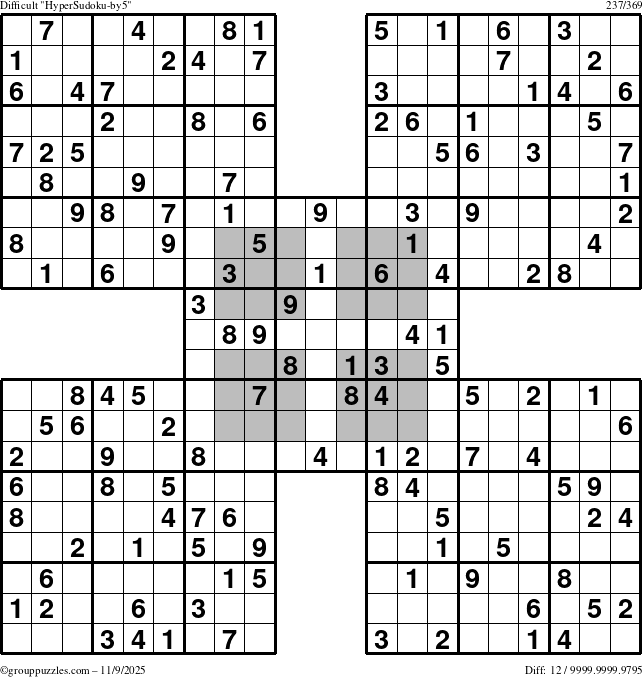 The grouppuzzles.com Difficult HyperSudoku-by5 puzzle for Sunday November 9, 2025