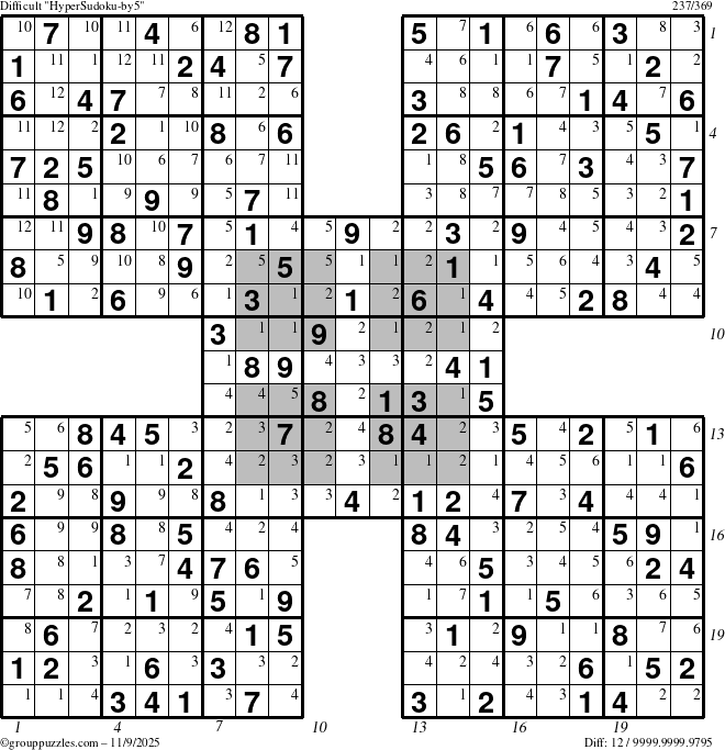 The grouppuzzles.com Difficult HyperSudoku-by5 puzzle for Sunday November 9, 2025 with all 12 steps marked