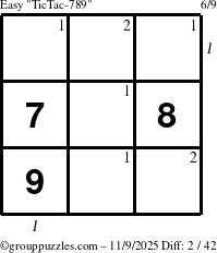 The grouppuzzles.com Easy TicTac-789 puzzle for Sunday November 9, 2025 with all 2 steps marked