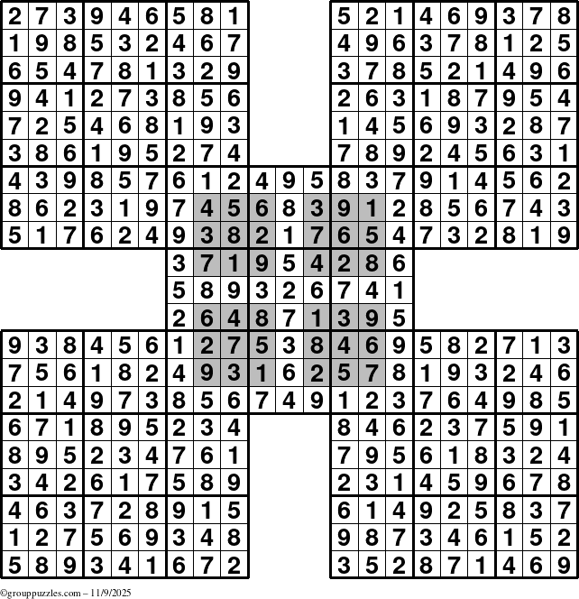 The grouppuzzles.com Answer grid for the HyperSudoku-by5 puzzle for Sunday November 9, 2025