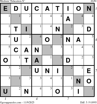 The grouppuzzles.com Medium Education-X puzzle for Sunday November 9, 2025, suitable for printing, with all 5 steps marked