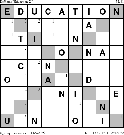 The grouppuzzles.com Difficult Education-X puzzle for Sunday November 9, 2025 with the first 3 steps marked