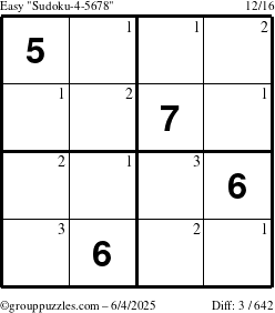 The grouppuzzles.com Easy Sudoku-4-5678 puzzle for Wednesday June 4, 2025 with the first 3 steps marked
