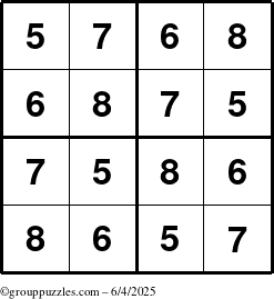 The grouppuzzles.com Answer grid for the Sudoku-4-5678 puzzle for Wednesday June 4, 2025