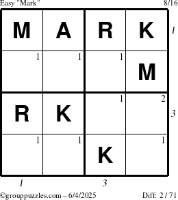 The grouppuzzles.com Easy Mark puzzle for Wednesday June 4, 2025 with all 2 steps marked