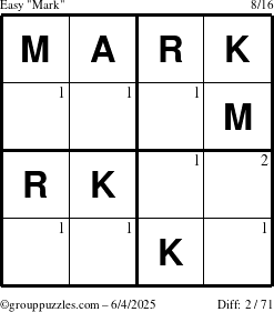The grouppuzzles.com Easy Mark puzzle for Wednesday June 4, 2025 with the first 2 steps marked