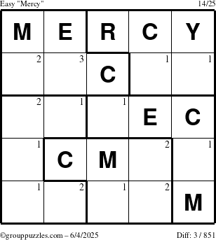 The grouppuzzles.com Easy Mercy puzzle for Wednesday June 4, 2025 with the first 3 steps marked
