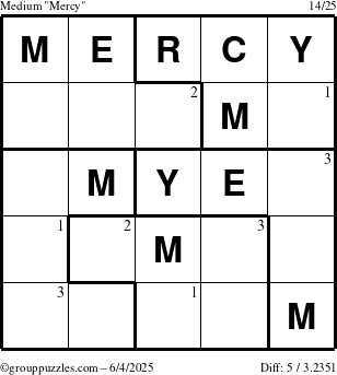 The grouppuzzles.com Medium Mercy puzzle for Wednesday June 4, 2025 with the first 3 steps marked
