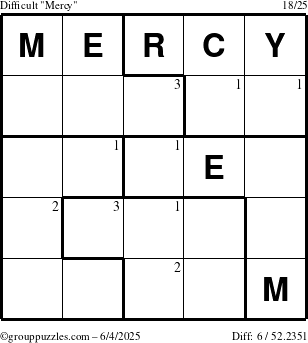 The grouppuzzles.com Difficult Mercy puzzle for Wednesday June 4, 2025 with the first 3 steps marked