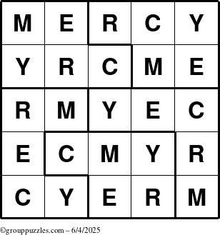The grouppuzzles.com Answer grid for the Mercy puzzle for Wednesday June 4, 2025