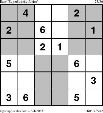 The grouppuzzles.com Easy SuperSudoku-Junior puzzle for Wednesday June 4, 2025