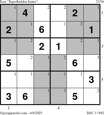 The grouppuzzles.com Easy SuperSudoku-Junior puzzle for Wednesday June 4, 2025 with all 3 steps marked