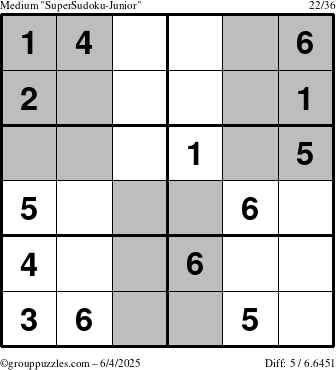 The grouppuzzles.com Medium SuperSudoku-Junior puzzle for Wednesday June 4, 2025
