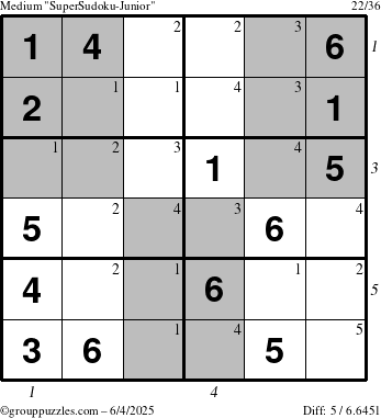 The grouppuzzles.com Medium SuperSudoku-Junior puzzle for Wednesday June 4, 2025 with all 5 steps marked