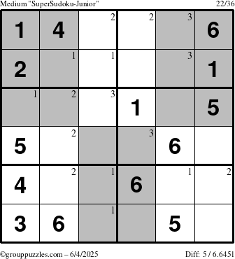 The grouppuzzles.com Medium SuperSudoku-Junior puzzle for Wednesday June 4, 2025 with the first 3 steps marked