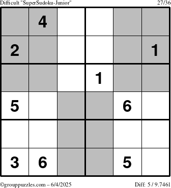 The grouppuzzles.com Difficult SuperSudoku-Junior puzzle for Wednesday June 4, 2025