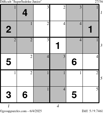 The grouppuzzles.com Difficult SuperSudoku-Junior puzzle for Wednesday June 4, 2025 with all 5 steps marked