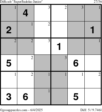 The grouppuzzles.com Difficult SuperSudoku-Junior puzzle for Wednesday June 4, 2025 with the first 3 steps marked