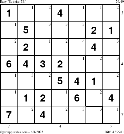 The grouppuzzles.com Easy Sudoku-7B puzzle for Wednesday June 4, 2025 with all 4 steps marked