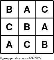The grouppuzzles.com Answer grid for the TicTac-ABC puzzle for Wednesday June 4, 2025
