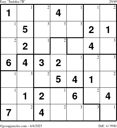 The grouppuzzles.com Easy Sudoku-7B puzzle for Wednesday June 4, 2025 with the first 3 steps marked