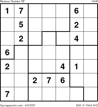 The grouppuzzles.com Medium Sudoku-7B puzzle for Wednesday June 4, 2025