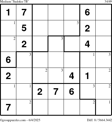 The grouppuzzles.com Medium Sudoku-7B puzzle for Wednesday June 4, 2025 with the first 3 steps marked