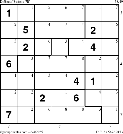 The grouppuzzles.com Difficult Sudoku-7B puzzle for Wednesday June 4, 2025, suitable for printing, with all 8 steps marked
