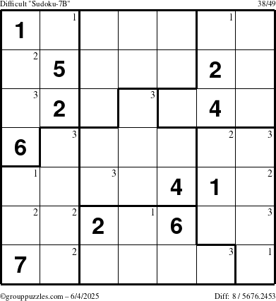 The grouppuzzles.com Difficult Sudoku-7B puzzle for Wednesday June 4, 2025 with the first 3 steps marked