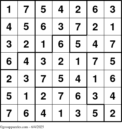 The grouppuzzles.com Answer grid for the Sudoku-7B puzzle for Wednesday June 4, 2025