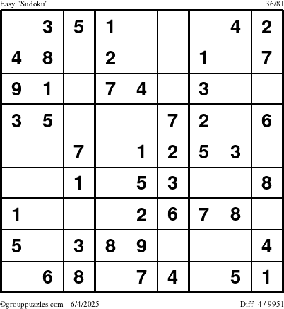 The grouppuzzles.com Easy Sudoku puzzle for Wednesday June 4, 2025