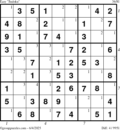 The grouppuzzles.com Easy Sudoku puzzle for Wednesday June 4, 2025 with all 4 steps marked