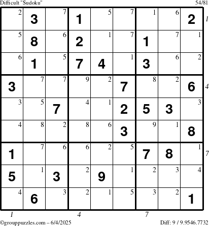 The grouppuzzles.com Difficult Sudoku puzzle for Wednesday June 4, 2025 with all 9 steps marked