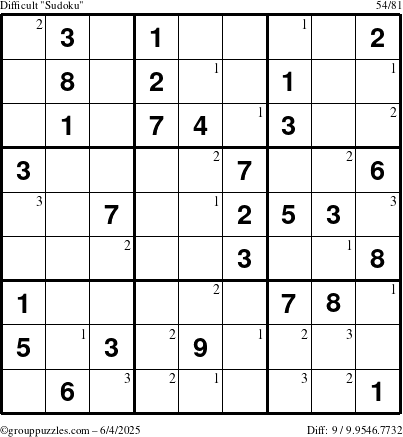 The grouppuzzles.com Difficult Sudoku puzzle for Wednesday June 4, 2025 with the first 3 steps marked