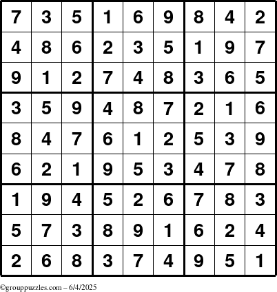 The grouppuzzles.com Answer grid for the Sudoku puzzle for Wednesday June 4, 2025