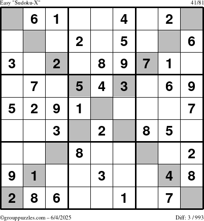 The grouppuzzles.com Easy Sudoku-X puzzle for Wednesday June 4, 2025