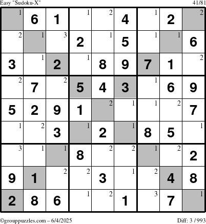 The grouppuzzles.com Easy Sudoku-X puzzle for Wednesday June 4, 2025 with the first 3 steps marked
