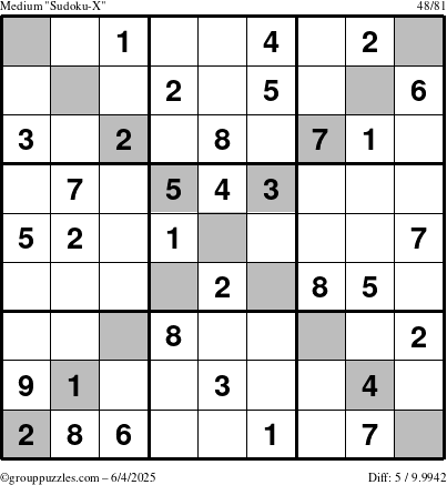 The grouppuzzles.com Medium Sudoku-X puzzle for Wednesday June 4, 2025
