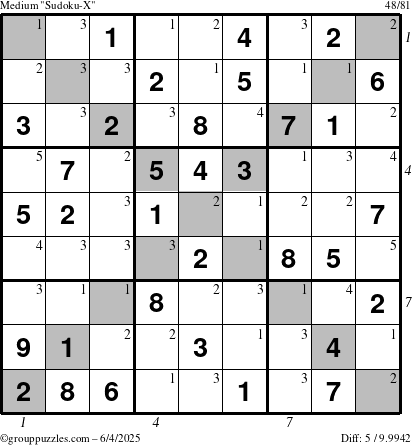 The grouppuzzles.com Medium Sudoku-X puzzle for Wednesday June 4, 2025, suitable for printing, with all 5 steps marked