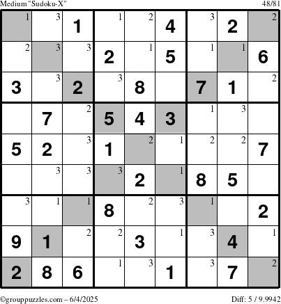 The grouppuzzles.com Medium Sudoku-X puzzle for Wednesday June 4, 2025 with the first 3 steps marked