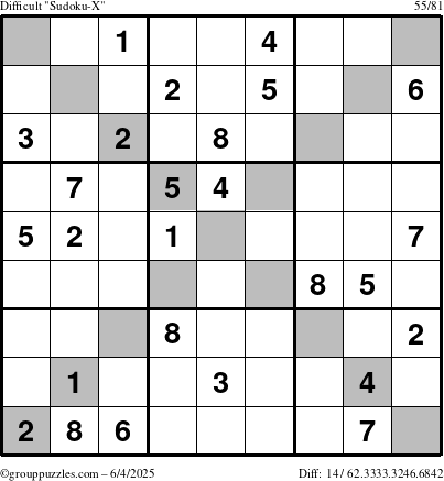 The grouppuzzles.com Difficult Sudoku-X puzzle for Wednesday June 4, 2025