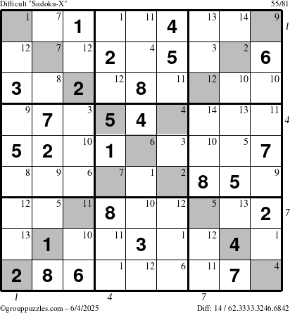 The grouppuzzles.com Difficult Sudoku-X puzzle for Wednesday June 4, 2025 with all 14 steps marked