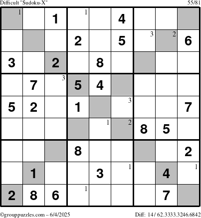 The grouppuzzles.com Difficult Sudoku-X puzzle for Wednesday June 4, 2025 with the first 3 steps marked