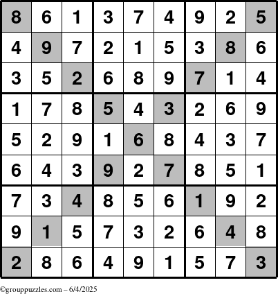 The grouppuzzles.com Answer grid for the Sudoku-X puzzle for Wednesday June 4, 2025
