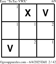 The grouppuzzles.com Easy TicTac-VWX puzzle for Wednesday June 4, 2025 with the first 2 steps marked
