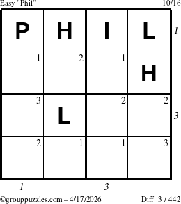 The grouppuzzles.com Easy Phil puzzle for Friday April 17, 2026 with all 3 steps marked