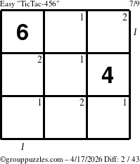The grouppuzzles.com Easy TicTac-456 puzzle for Friday April 17, 2026 with all 2 steps marked