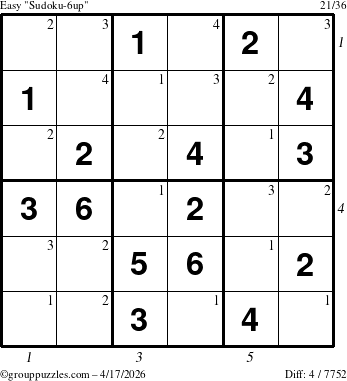 The grouppuzzles.com Easy Sudoku-6up puzzle for Friday April 17, 2026, suitable for printing, with all 4 steps marked